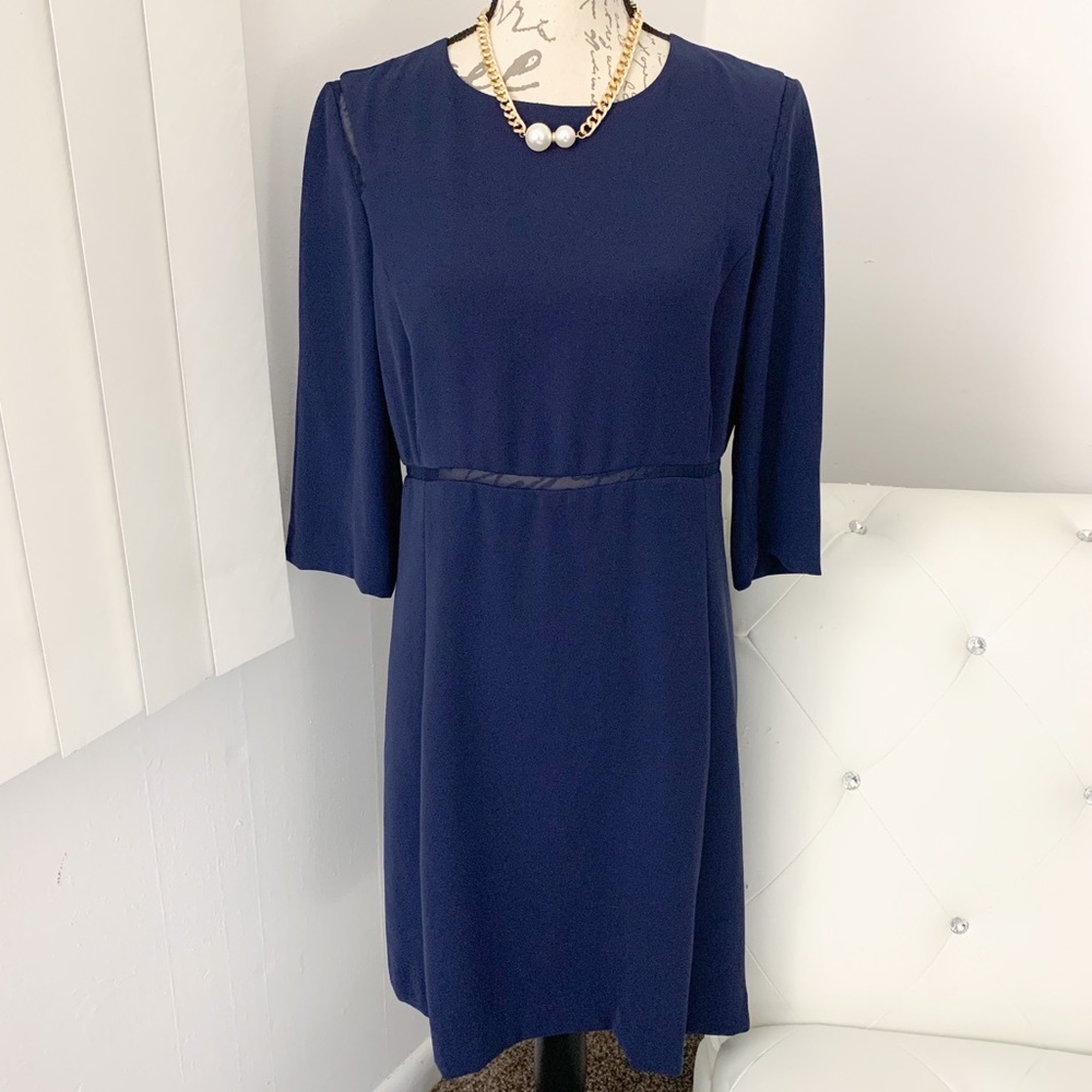 Zara All-Occasion Navy Blue 3/4 Sleeve Dress Mesh Insets Shoulders Waist L